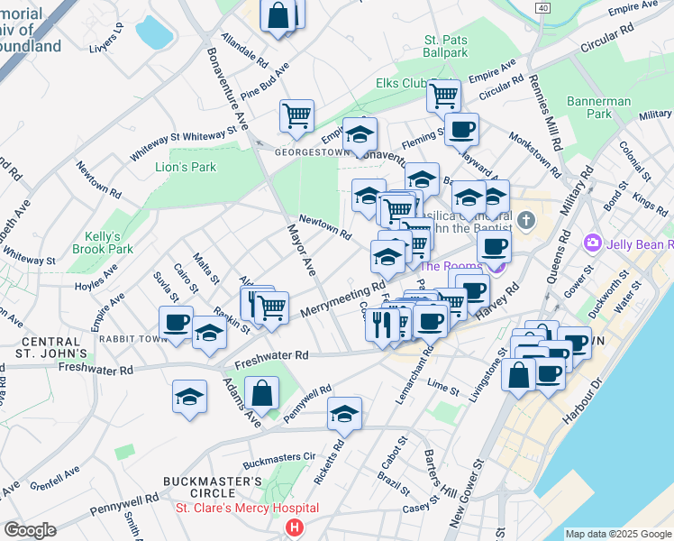map of restaurants, bars, coffee shops, grocery stores, and more near 18 Howley Avenue Extension in Saint John's