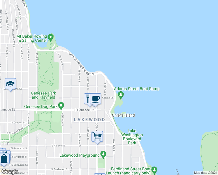 map of restaurants, bars, coffee shops, grocery stores, and more near 4103 Lake Washington Boulevard South in Seattle