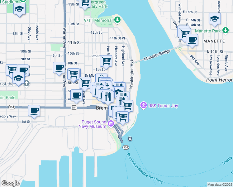 map of restaurants, bars, coffee shops, grocery stores, and more near 275 5th Street in Bremerton
