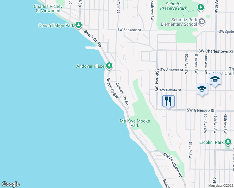 map of restaurants, bars, coffee shops, grocery stores, and more near 4137 Beach Drive Southwest in Seattle