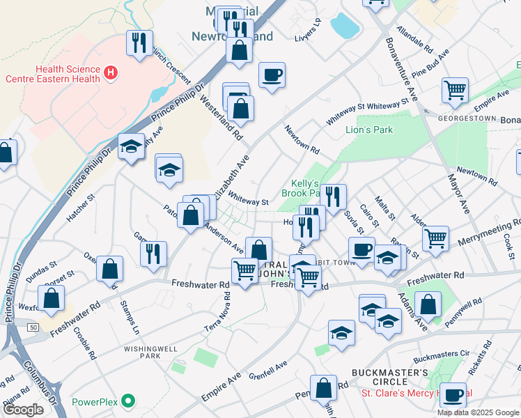 map of restaurants, bars, coffee shops, grocery stores, and more near 25 Guy Street in St. John's