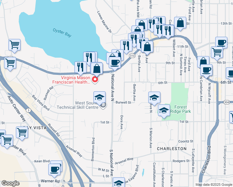 map of restaurants, bars, coffee shops, grocery stores, and more near 500 National Avenue North in Bremerton