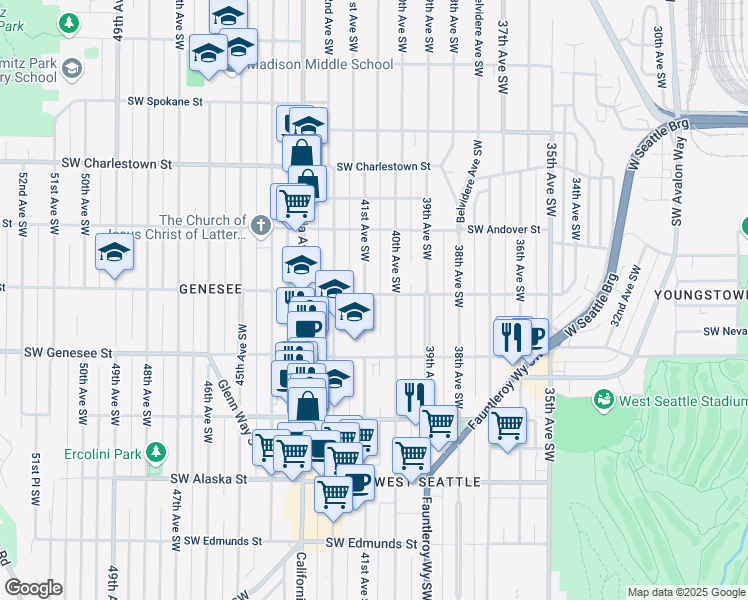 map of restaurants, bars, coffee shops, grocery stores, and more near 4058 41st Avenue Southwest in Seattle