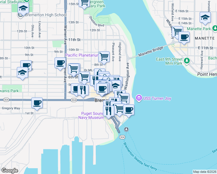 map of restaurants, bars, coffee shops, grocery stores, and more near 285 5th Street in Bremerton