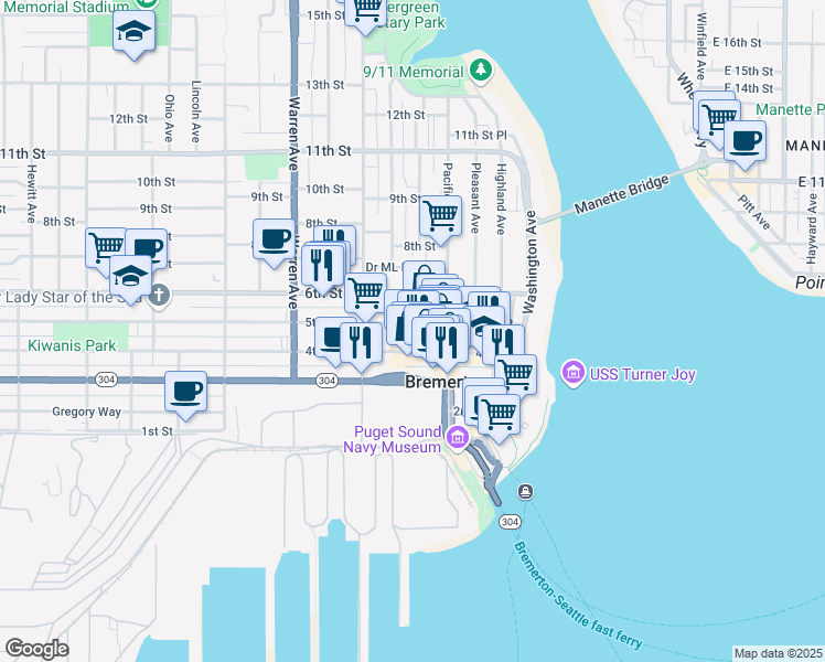 map of restaurants, bars, coffee shops, grocery stores, and more near 530 5th Street in Bremerton