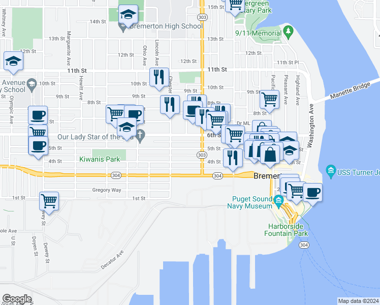 map of restaurants, bars, coffee shops, grocery stores, and more near 1019 5th Street in Bremerton