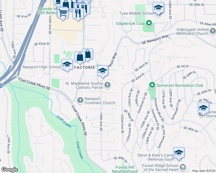 map of restaurants, bars, coffee shops, grocery stores, and more near 4400 130th Place Southeast in Bellevue