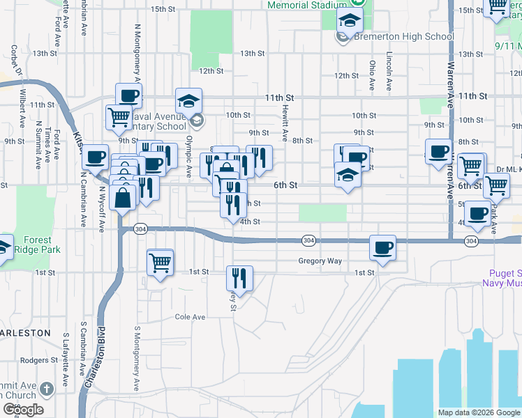 map of restaurants, bars, coffee shops, grocery stores, and more near 1919 5th Street in Bremerton