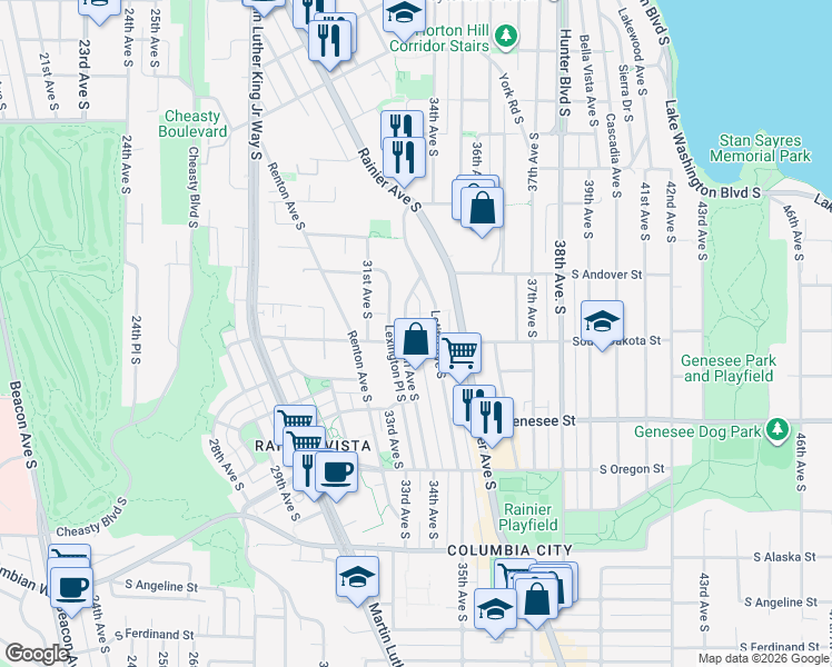 map of restaurants, bars, coffee shops, grocery stores, and more near 4070 34th Avenue South in Seattle