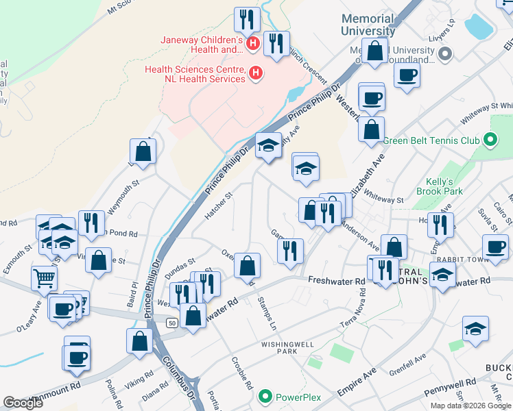 map of restaurants, bars, coffee shops, grocery stores, and more near 165 University Avenue in St. John's