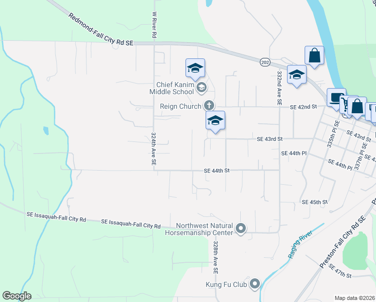 map of restaurants, bars, coffee shops, grocery stores, and more near 32446 Southeast 43rd Place in Fall City