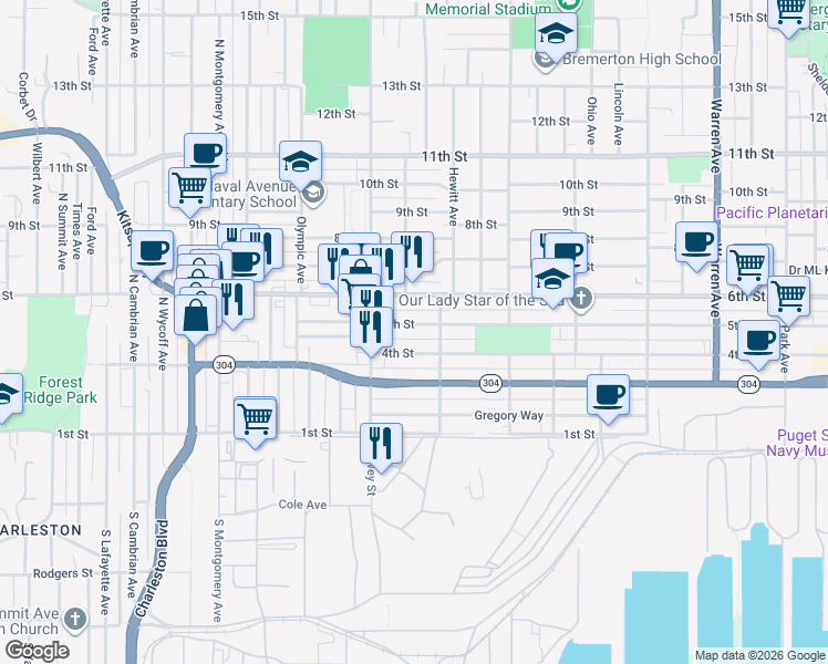 map of restaurants, bars, coffee shops, grocery stores, and more near 1919 5th Street in Bremerton