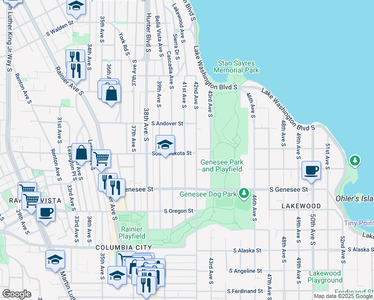 map of restaurants, bars, coffee shops, grocery stores, and more near 4050 41st Avenue South in Seattle