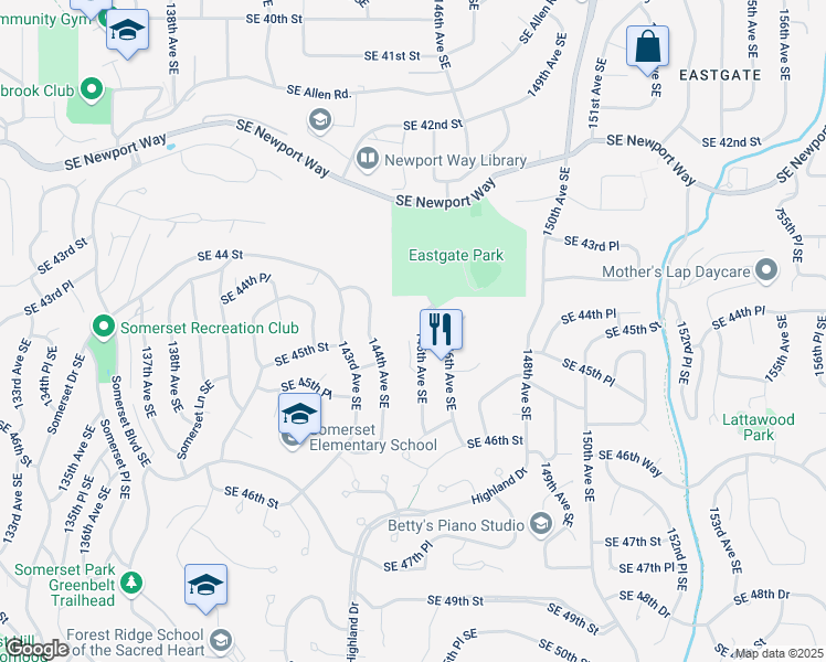 map of restaurants, bars, coffee shops, grocery stores, and more near 4442 144th Avenue Southeast in Bellevue