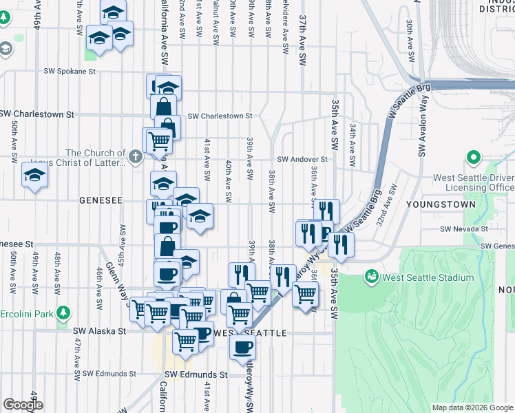 map of restaurants, bars, coffee shops, grocery stores, and more near 4103 38th Avenue Southwest in Seattle
