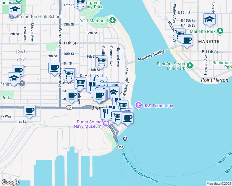 map of restaurants, bars, coffee shops, grocery stores, and more near 236 5th Street in Bremerton