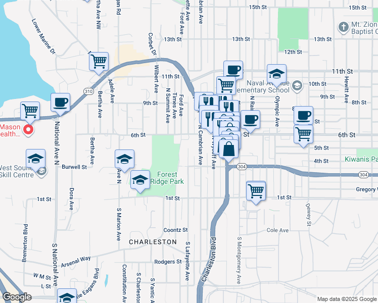 map of restaurants, bars, coffee shops, grocery stores, and more near 336 North Lafayette Avenue in Bremerton