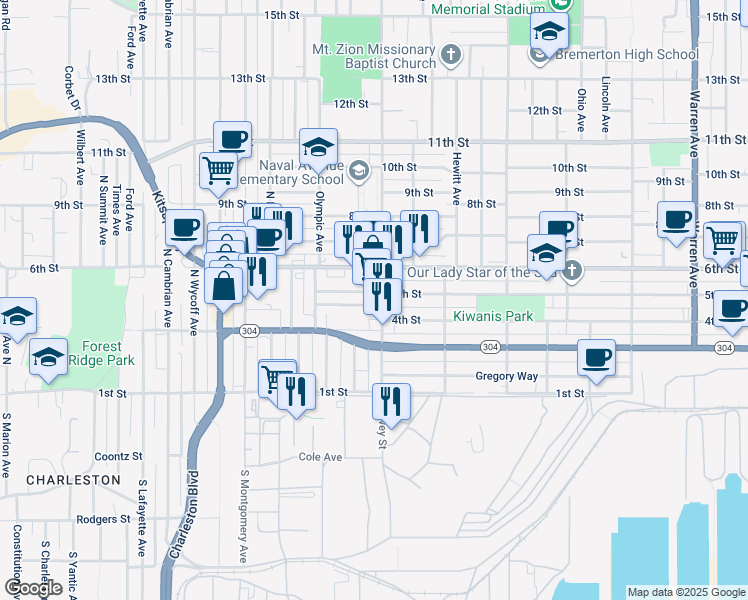 map of restaurants, bars, coffee shops, grocery stores, and more near 1943 5th Street in Bremerton