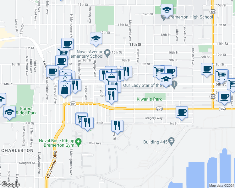 map of restaurants, bars, coffee shops, grocery stores, and more near 1943 5th Street in Bremerton