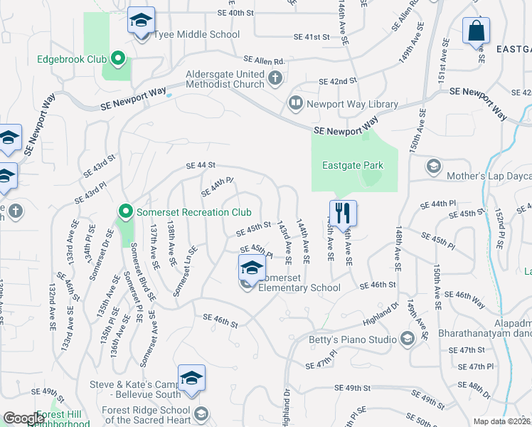map of restaurants, bars, coffee shops, grocery stores, and more near 4478 142nd Avenue Southeast in Bellevue