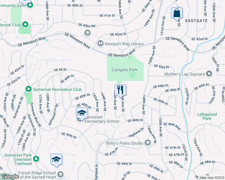 map of restaurants, bars, coffee shops, grocery stores, and more near 4442 144th Avenue Southeast in Bellevue