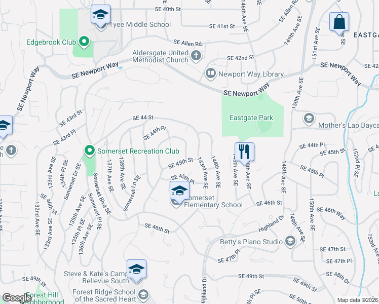 map of restaurants, bars, coffee shops, grocery stores, and more near 4478 142nd Avenue Southeast in Bellevue