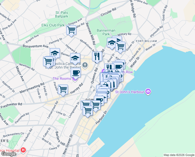 map of restaurants, bars, coffee shops, grocery stores, and more near 129 Bond Street in St. John's