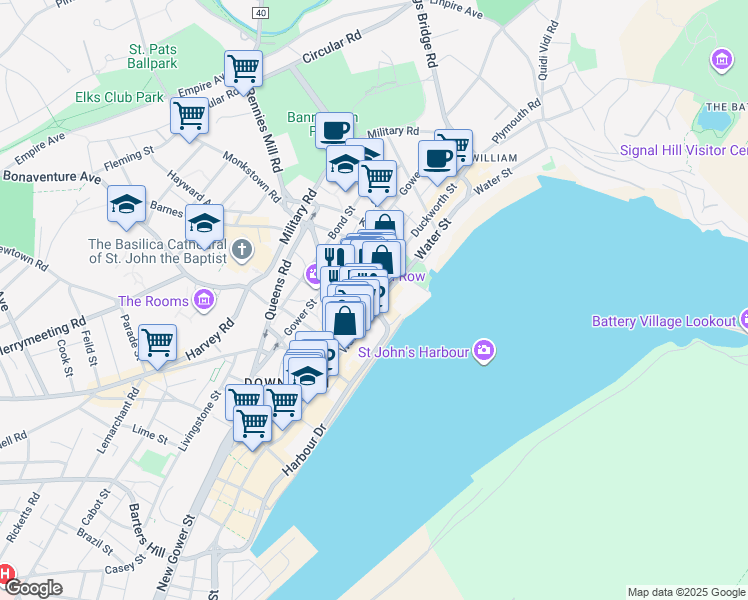 map of restaurants, bars, coffee shops, grocery stores, and more near 132 Water Street in St. John's