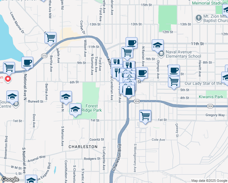 map of restaurants, bars, coffee shops, grocery stores, and more near 324 North Cambrian Avenue in Bremerton