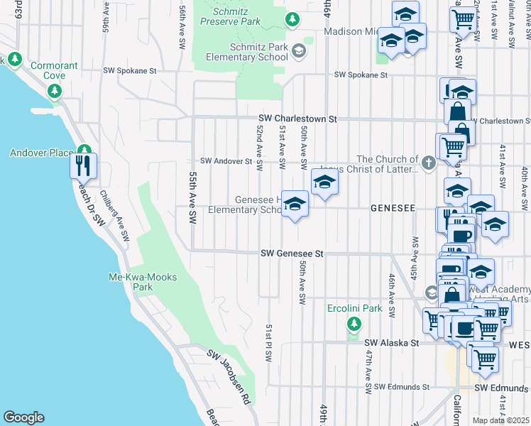 map of restaurants, bars, coffee shops, grocery stores, and more near 4102 52nd Avenue Southwest in Seattle