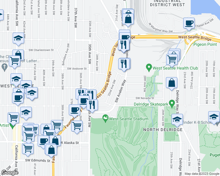 map of restaurants, bars, coffee shops, grocery stores, and more near 4055 32nd Avenue Southwest in Seattle