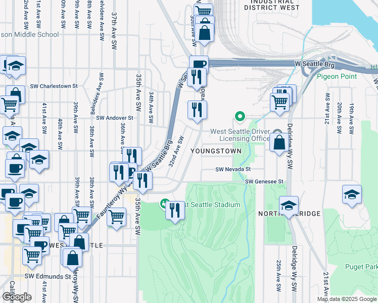 map of restaurants, bars, coffee shops, grocery stores, and more near 3040 Southwest Avalon Way in Seattle