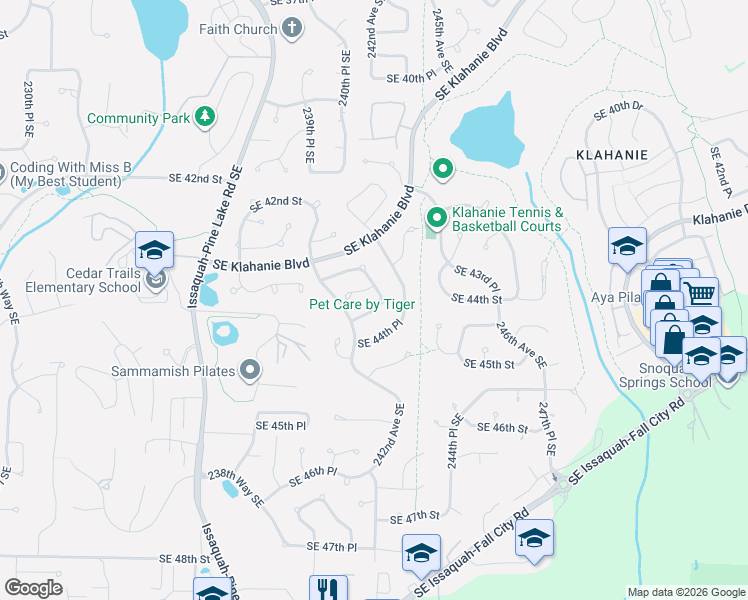 map of restaurants, bars, coffee shops, grocery stores, and more near 24246 Southeast 44th Street in Issaquah