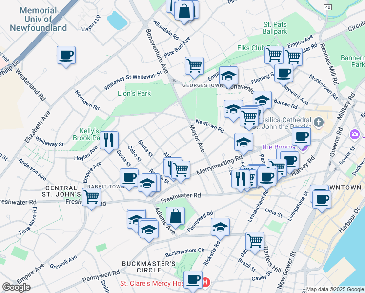 map of restaurants, bars, coffee shops, grocery stores, and more near Calver Avenue in St. John's