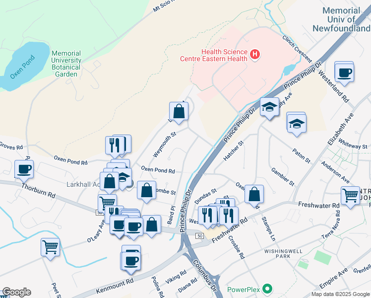 map of restaurants, bars, coffee shops, grocery stores, and more near 18 Baird Place in St. John's