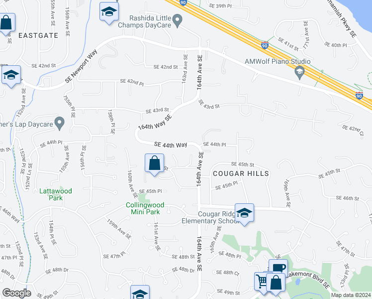 map of restaurants, bars, coffee shops, grocery stores, and more near 4455 163rd Place Southeast in Bellevue
