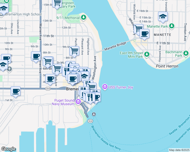 map of restaurants, bars, coffee shops, grocery stores, and more near 510 Washington Avenue in Bremerton