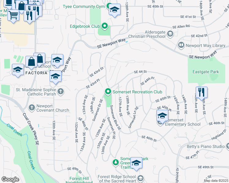 map of restaurants, bars, coffee shops, grocery stores, and more near 4422 Somerset Blvd SE in Bellevue