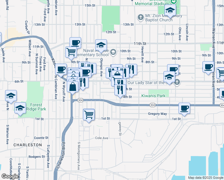 map of restaurants, bars, coffee shops, grocery stores, and more near 2121 5th Street in Bremerton