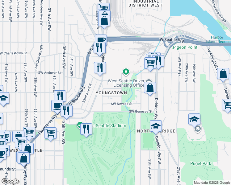 map of restaurants, bars, coffee shops, grocery stores, and more near 4119 28th Avenue Southwest in Seattle