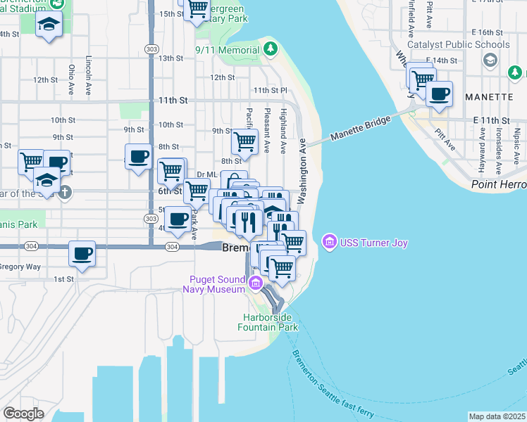 map of restaurants, bars, coffee shops, grocery stores, and more near in Bremerton