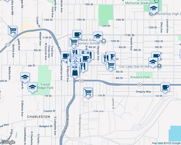 map of restaurants, bars, coffee shops, grocery stores, and more near 331 Bryan Avenue in Bremerton