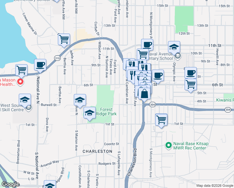 map of restaurants, bars, coffee shops, grocery stores, and more near 336 North Lafayette Avenue in Bremerton