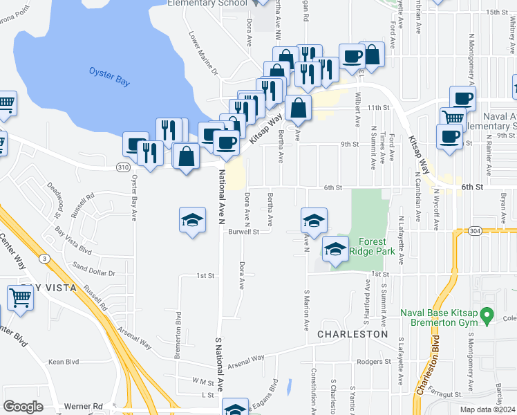 map of restaurants, bars, coffee shops, grocery stores, and more near 331 Bertha Avenue in Bremerton