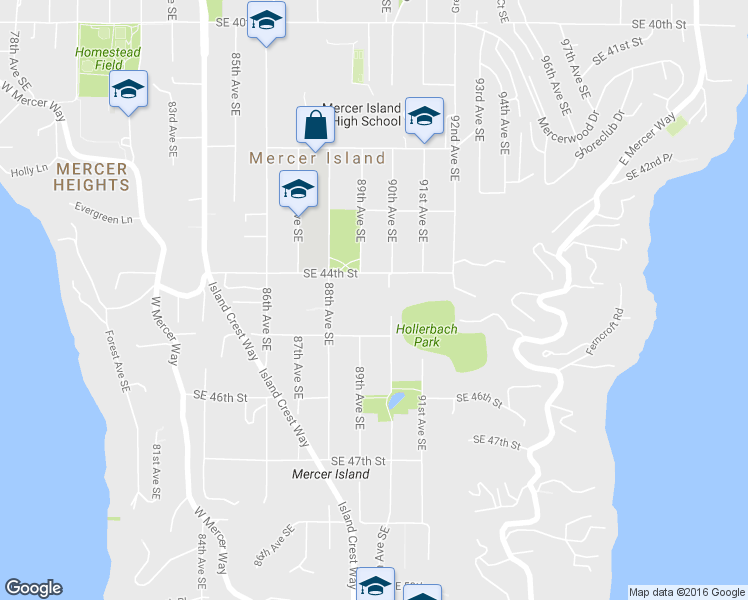 map of restaurants, bars, coffee shops, grocery stores, and more near 8915 Southeast 44th Street in Mercer Island