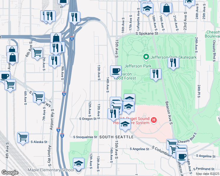 map of restaurants, bars, coffee shops, grocery stores, and more near 4122 14th Avenue South in Seattle