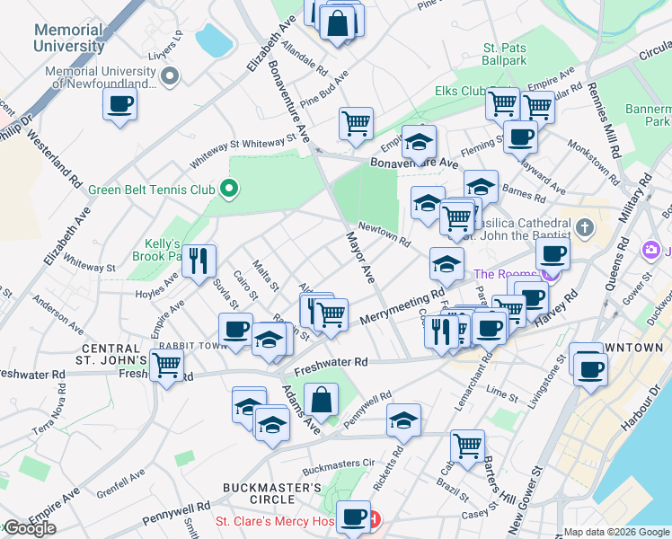 map of restaurants, bars, coffee shops, grocery stores, and more near 38 Calver Avenue in Saint John's
