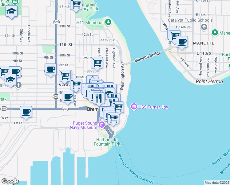 map of restaurants, bars, coffee shops, grocery stores, and more near 275 5th Street in Bremerton