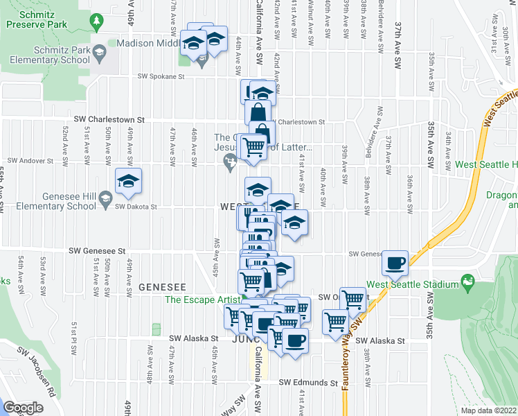 map of restaurants, bars, coffee shops, grocery stores, and more near California Ave SW & SW Dakota St in Seattle