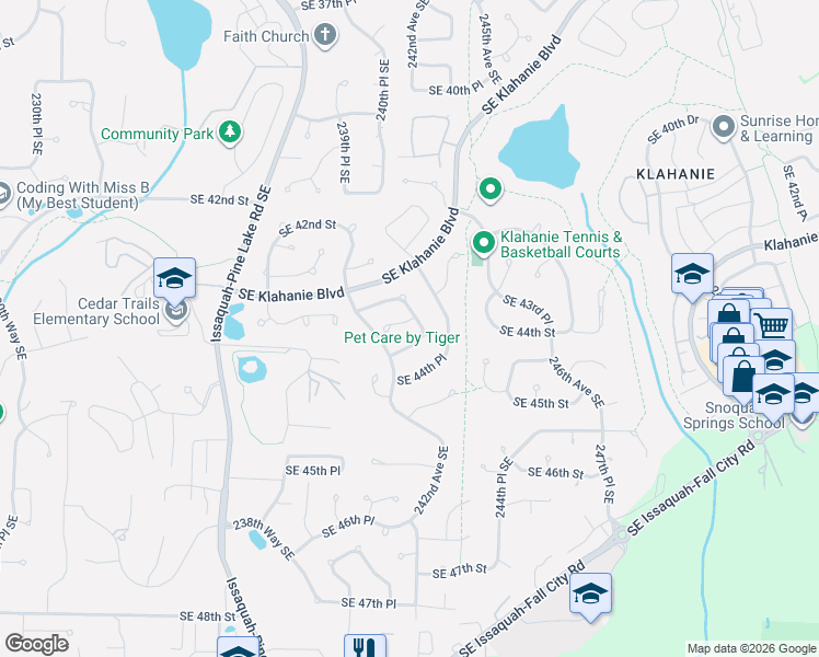 map of restaurants, bars, coffee shops, grocery stores, and more near 24246 Southeast 44th Street in Issaquah